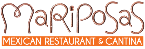 The image shows the logo for "Mariposas" with stylized, curved brown letters. Below, an orange rectangle contains white text reading "Mexican Restaurant & Cantina." The overall design is clean and modern.