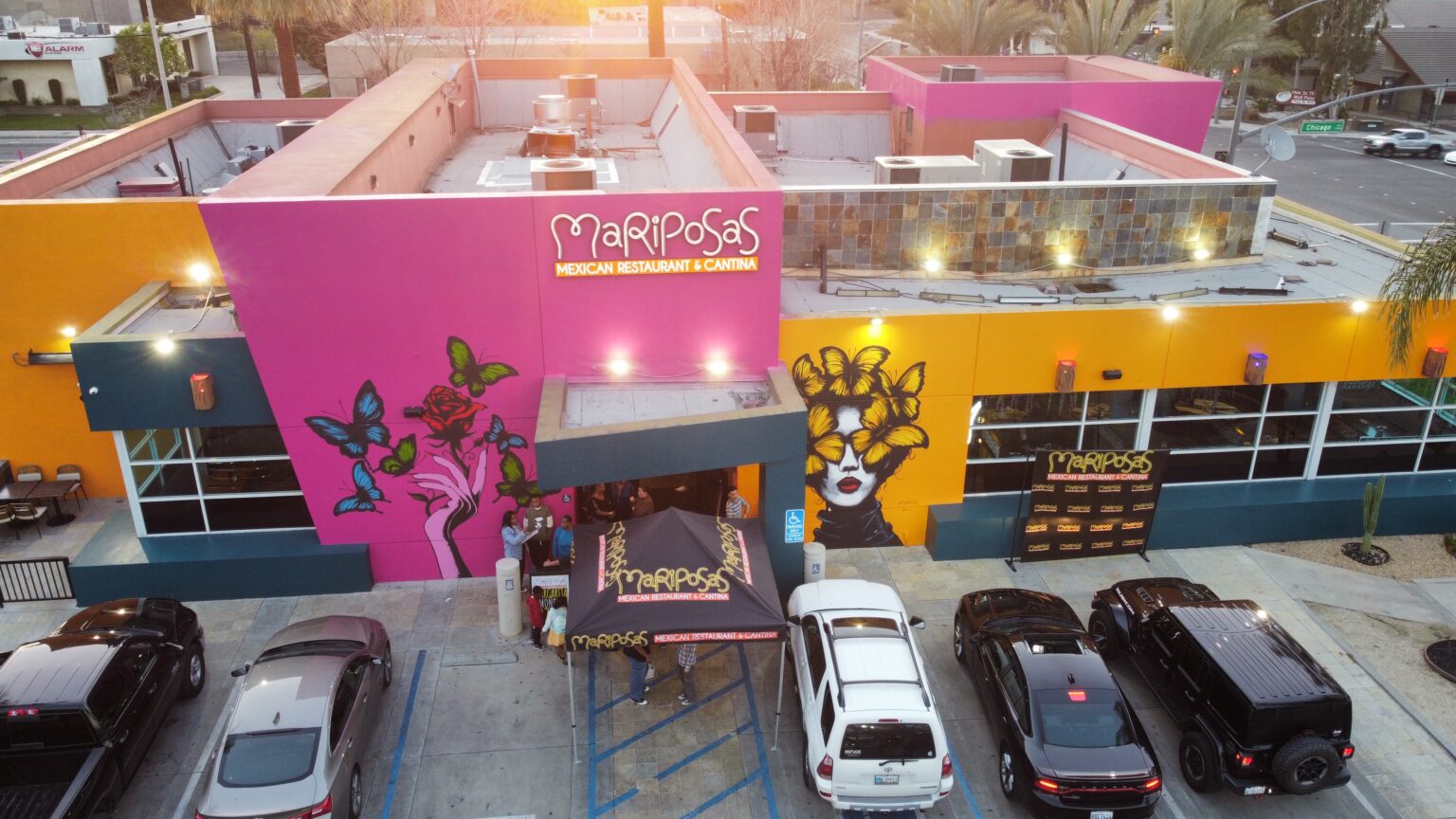 The colorful Mariposas restaurant exterior in Riverside, California.