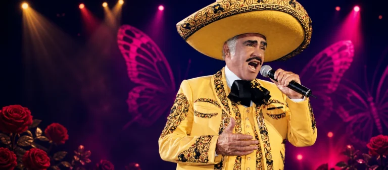 Samuel Chente Fernandez performing in a yellow embroidered charro suit against a magenta and gold Mariposas butterfly stage.