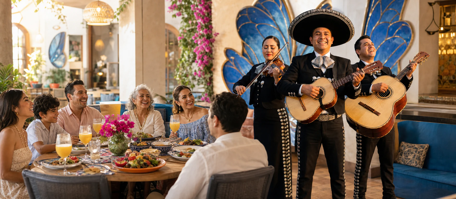 Family and friends enjoying Sunday brunch beside mariachi musicians at Mariposas Covina.